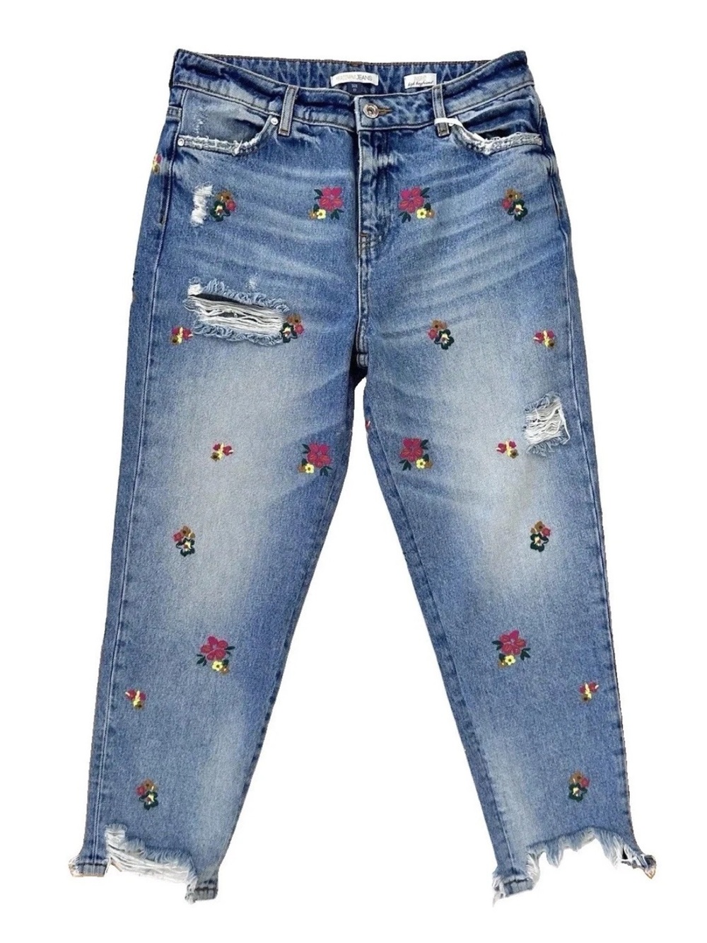 Fracomina Embroidered  Flowers Medium Wash Blue Distressed Jeans NWT Size 27